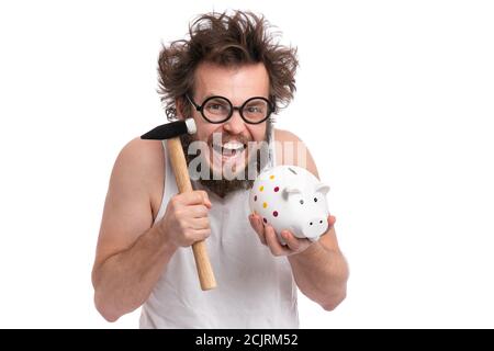 Homme barbu fou avec piggy Bank Banque D'Images