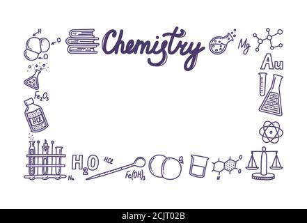 Boîte rectangulaire composée d'icônes de chimie. Cadre pour vos dessins et textes. Tubes à essai, réactions, atome, molécules, formule et autres scientifiques Illustration de Vecteur