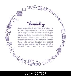 Cercle composé d'icônes de chimie. Cadre rond pour vos dessins et vos textes. Tubes à essai, réactions, atome, molécules, formule et autres scientifiques Illustration de Vecteur