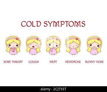 Symptômes du rhume. Affiche d'information avec texte et de jolies filles. Symptômes du rhume - chaleur, écoulement nasal, maux de gorge, maux de tête, toux. Traitement médical et de la santé Illustration de Vecteur
