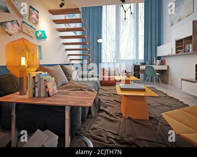 Design d'une chambre d'adolescent dans un style loft avec un canapé et une télévision et un escalier au deuxième étage. rendu 3d Banque D'Images