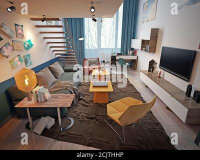 Design d'une chambre d'adolescent dans un style loft avec un canapé et une télévision et un escalier au deuxième étage. rendu 3d Banque D'Images