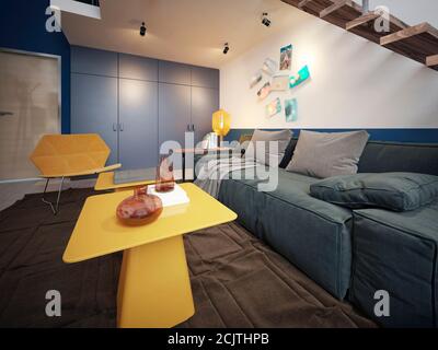 Design d'une chambre d'adolescent avec un canapé bleu tendance et deux tables de créateur jaunes. rendu 3d Banque D'Images