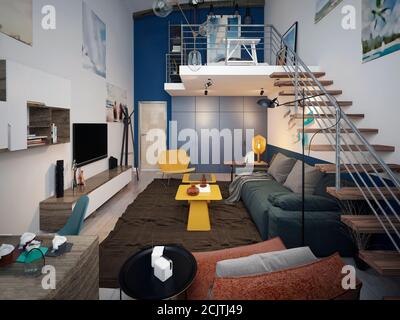 Design d'une chambre d'adolescent dans un style loft avec un canapé et une télévision et un escalier au deuxième étage. rendu 3d Banque D'Images