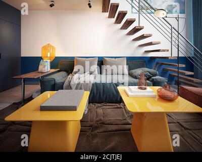 Design d'une chambre d'adolescent avec un canapé bleu tendance et deux tables de créateur jaunes. rendu 3d Banque D'Images