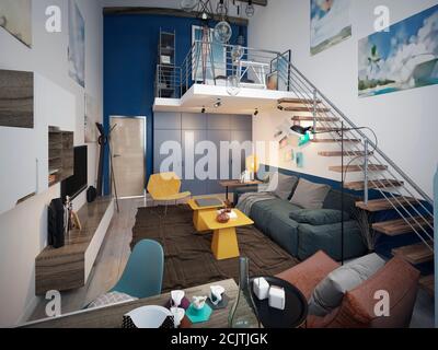 Design d'une chambre d'adolescent dans un style loft avec un canapé et une télévision et un escalier au deuxième étage. rendu 3d Banque D'Images