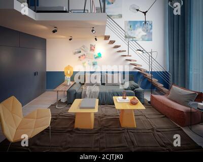 Design d'une chambre d'adolescent dans un style loft avec un canapé et une télévision et un escalier au deuxième étage. rendu 3d Banque D'Images