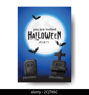 Affiche de fête d'Halloween avec illustration cimetière tombeau avec ciel bleu effrayant de nuit Illustration de Vecteur