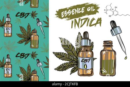 Schéma vectoriel sans couture des feuilles de cannabis, motifs CBD du cannabis et de l'essence pétrolière infographiques sur les bienfaits du cannabis pour la santé, Vector Illustration o Illustration de Vecteur