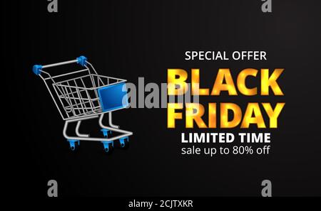 chariot 3d pour le consommateur d'épicerie pour le vendredi noir offre de rabais événement avec papier d'aluminium doré. modèle de bannière d'affiche Illustration de Vecteur