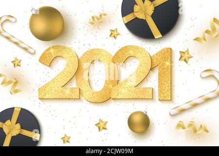 Golden 3D chiffres luxueux avec paillettes, sucettes, serpentine, balles de fête et étoiles sur fond blanc pour le nouvel an 2021. Boîte cadeau. Saluez Illustration de Vecteur