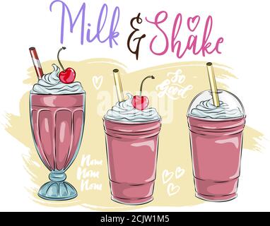 Ensemble de Milk-Shakes différents. Milkshakes au chocolat, à la cerise, à la fraise, à la vanille et à l'orange. Illustration vectorielle de dessin animé isolée sur fond blanc, b Illustration de Vecteur