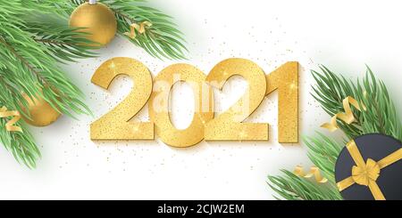 Sapin de Noël, boules et étoiles. Chiffres luxueux en 3d doré avec paillettes sur fond blanc pour le nouvel an 2021. Boîte cadeau. Message d'accueil ca Illustration de Vecteur