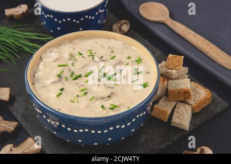 Soupe à la crème de champignons maison. Servi avec des croûtons sur fond sombre. Vue rapprochée. Banque D'Images