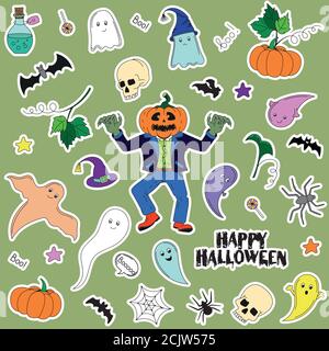 Autocollants Halloween avec fantômes, citrouilles, crânes. En style dessin animé. Icônes vectorielles mignons pour Halloween Illustration de Vecteur