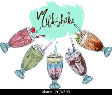 Ensemble de Milk-Shakes différents. Milkshakes au chocolat, à la cerise, à la fraise, à la vanille et à l'orange. Illustration vectorielle de dessin animé isolée sur fond blanc, b Illustration de Vecteur