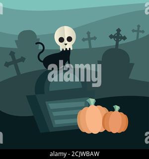 Chat d'Halloween avec crâne au cimetière, illustration de vecteur de thème de vacances et effrayant Illustration de Vecteur