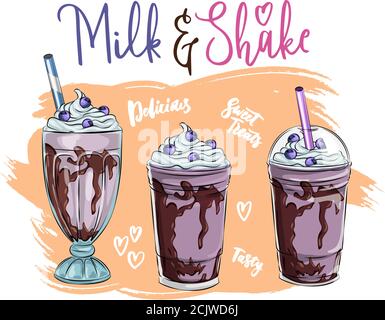 Ensemble de Milk-Shakes différents. Milkshakes au chocolat, à la cerise, à la fraise, à la vanille et à l'orange. Illustration vectorielle de dessin animé isolée sur fond blanc, b Illustration de Vecteur