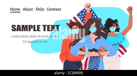 Mélanger les gens de course dans des masques tenant USA drapeau fête du travail célébration coronavirus quarantaine concept portrait horizontal copy space illustration du vecteur Illustration de Vecteur