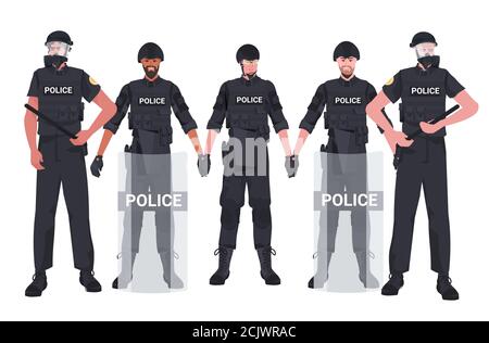 mêle les policiers de course dans un équipement tactique complet debout ensemble les officiers de police protestent et les émeutes de manifestation concept horizontal de contrôle de masse illustration vectorielle pleine longueur Illustration de Vecteur