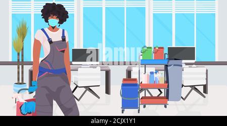nettoyant professionnel entretien femme nettoyage et désinfection du sol pour prévenir coronavirus pandémie moderne bureau intérieur horizontal portrait illustration vecteur Illustration de Vecteur