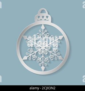 Boule de Noël avec un flocon de neige découpé en papier. Modèle d'affiches, invitations pour la fête de Noël, papier peint de saison, fond d'écran d'hiver. Super Illustration de Vecteur