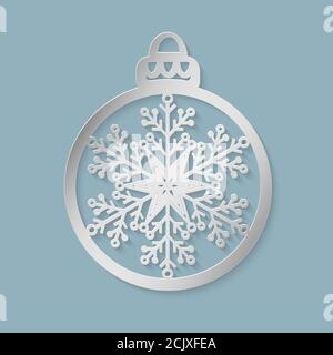 Boule de Noël avec un flocon de neige découpé en papier. Modèle d'affiches, invitations pour la fête de Noël, papier peint de saison, fond d'écran d'hiver. Super Illustration de Vecteur