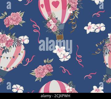 Bouquet vecteur magnifique aérostat rose tendre et bleu fleurs illustration ensemble de pivoines fleuries à motif fleuri sans couture avec pivoines en fleurs Illustration de Vecteur