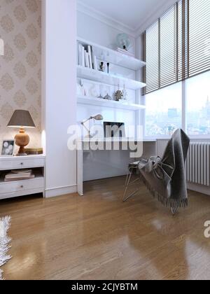 Espace de travail avec bureau et étagères dans un style moderne. En blanc. Rendu 3D. Banque D'Images