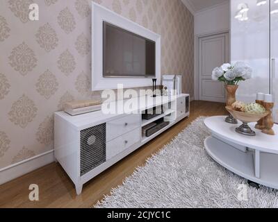 Unité TV avec un téléviseur au mur dans un cadre blanc. Style moderne et Art déco. Rendu 3D. Banque D'Images