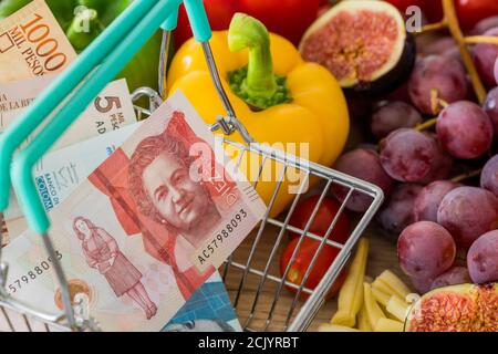 Panier avec de l'argent colombien pesos, autour des produits alimentaires, des légumes et des fruits. Le concept de l'inflation, la hausse des prix et plus cher FO Banque D'Images