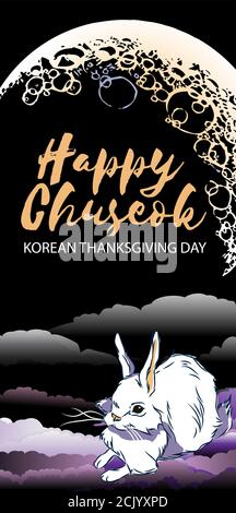 Happy Thanksgiving Day en Corée, le nom de la fête est écrit en mots chinois, des éléments dessinés à la main de Happy Chuseok-mi automne pleine lune festifs Illustration de Vecteur