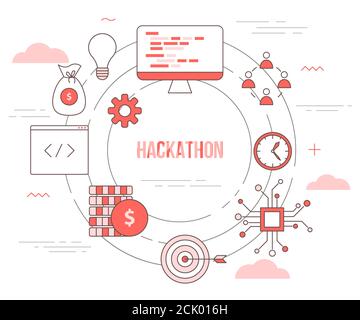 concept de technologie hackathon avec bannière de modèle de jeu d'icônes avec moderne style de couleur orange Illustration de Vecteur