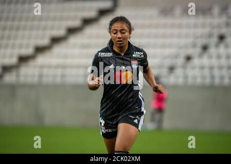 Selma Bacha de l'Olympique Lyonnais réagit pendant le français féminin Championnat D1 Arkema match de football entre le Stade de Reims et Olympique Lyonnais Banque D'Images