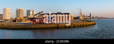 Vue panoramique du vieux port d'Anvers vue du nouveau parc urbain 'droogdokkenpark'. Banque D'Images