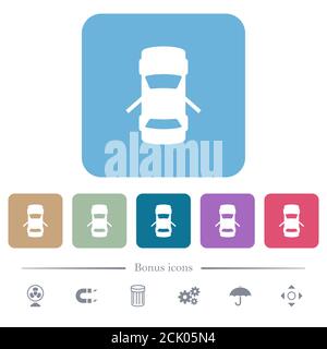 Indicateur de tableau de bord des portes arrière ouvertes icônes plates blanches sur fond carré arrondi de couleur. 6 icônes bonus incluses Illustration de Vecteur