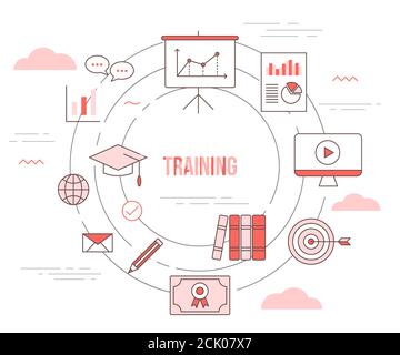 concept de formation avec bannière de modèle de jeu d'icônes et orange moderne style de couleur Illustration de Vecteur