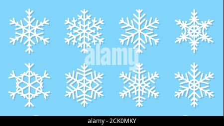 Ensemble plat flocons de neige. Icônes de neige de forme différente. Cristal de glace d'hiver. Décoration symbole Noël. Noël givré. Éléments décoratifs pour carte de vœux ou bannière du nouvel an. Illustration vectorielle isolée Illustration de Vecteur