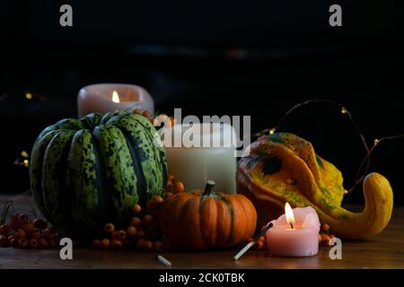 Variété de citrouilles, de baies de rowan et de bougies sur table en bois rustique et fond noir avec bokeh. Automne légumes symboliques en vert, jaune et Banque D'Images