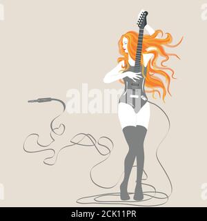 Red dirigé rockabilly pinup fille jouant la contrebasse avec des flammes. Beau musicien jouant de la guitare. Vecteur et illustration Illustration de Vecteur