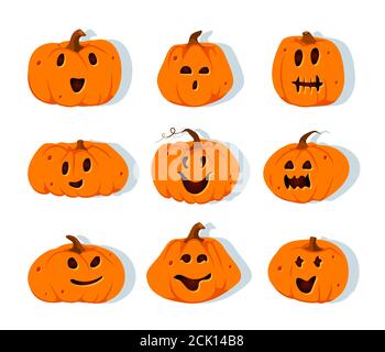 Ensemble d'icônes de citrouilles d'Halloween coupées en papier. Différentes formes courge avec des visages sculptés mignons émotion. Signe creepy drôle coupant le sourire de citrouille. Décor pour en octobre horreur partie invitation Vector illustration Illustration de Vecteur