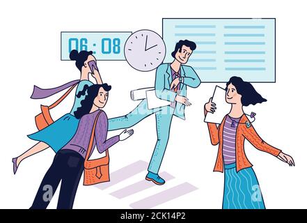 Les gens d'affaires descendent dans la rue, se précipitent au travail, tard et courant. Illustration de Vecteur
