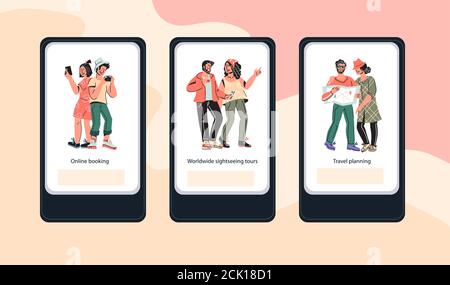 Ensemble d'applications mobiles pour les voyages et les réservations en ligne. Illustration de Vecteur