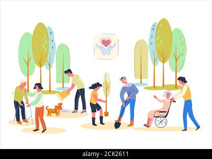 Les bénévoles travaillent à aider les personnes âgées, la plantation. Illustration de Vecteur