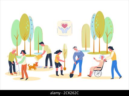 Les bénévoles travaillent à aider les personnes âgées, la plantation. Illustration de Vecteur
