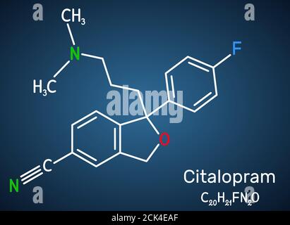 Citalopram, molécule C20H21FN2O. Il est un antidépresseur, la classe sélective d'inhibiteur de reuptake de sérotonine (SSRI), est largement utilisé pour traiter les symptômes de depres Illustration de Vecteur