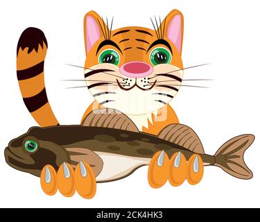 Animaux de compagnie chat animal avec gros poissons dans le paw Illustration de Vecteur