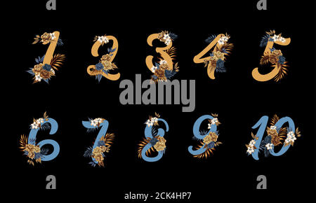 Chiffres fleuris. Nombre élégant de fleurs, date des branches florales et monogramme numérique. Feuille filigrane caractère des nombres ornementaux. Illustrateur de vecteur Illustration de Vecteur