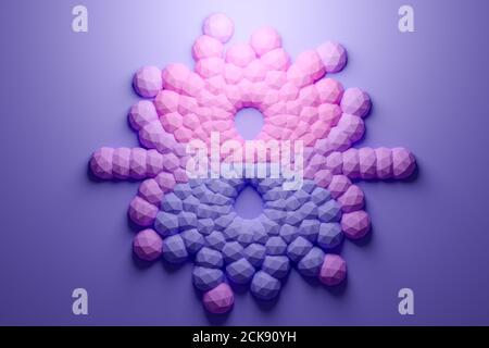 Gros plan 3d monochrome illustration d'une forme géométrique inhabituelle. Les formes géométriques polygonales simples sont alignées dans un motif de type araignée inhabituel. Banque D'Images