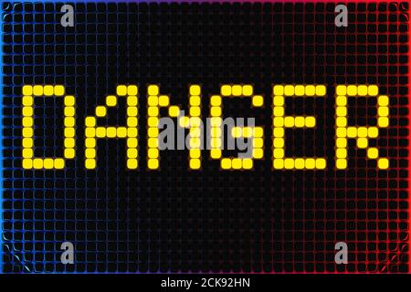 Inscription 3D DANGER de petits cubes jaunes sur fond néon. Illustration de danger, attention Banque D'Images